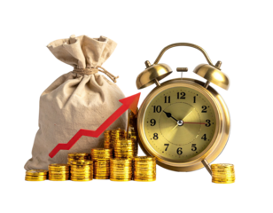 Money bag, coins, upward red arrow, gold clock