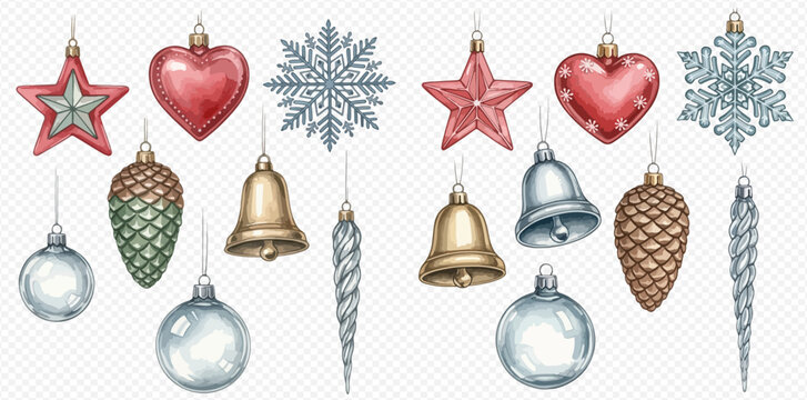 Watercolor Christmas ornaments set with stars, hearts, snowflakes, pinecones, bells, baubles, and icicles on transparent background. - Powered by Adobe