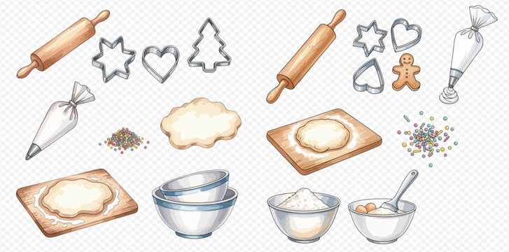 Watercolor illustration of baking ingredients and tools for making cookies, including rolling pins, cookie cutters, dough, flour, bowls, and sprinkles.