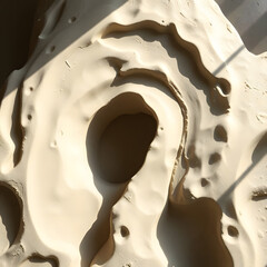 This image is a close-up, top-down view of a textured, organic surface composed of a thick, light-colored, viscous substance, possibly paint, cream, or a natural formation. It features flowing, irregu