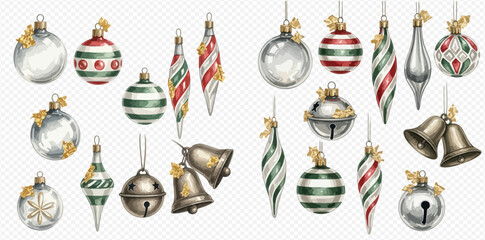 A collection of watercolor Christmas ornaments featuring festive red, green, and silver baubles, striped decorations, and jingle bells with golden bows.