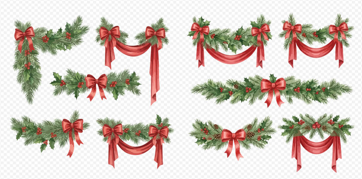 Collection of festive Christmas garlands with green pine branches, red bows, and berries, perfect for holiday decoration designs.
