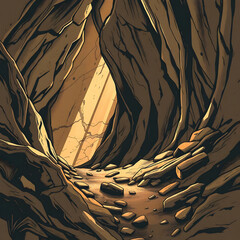 This image depicts a dramatic and stylized view of a narrow canyon or cave entrance, with towering, layered rock formations in earthy tones of brown and gold. A strong, directional light source from a
