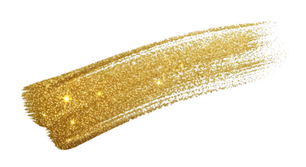 Golden glitter paint brush stroke swatch isolated on transparent background, abstract shiny metallic texture for cosmetic design, makeup or festive decoration element