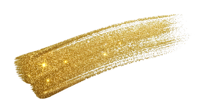 Golden glitter paint brush stroke swatch isolated on transparent background, abstract shiny metallic texture for cosmetic design, makeup or festive decoration element
