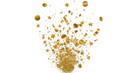 Golden confetti explosion with glitter and streamers falling down, perfect for celebration, party, or festive event design element isolated on transparent background