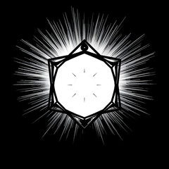 This image is a stark, high-contrast black and white abstract graphic. It features a central white, geometric object resembling a hexagon or an abstract jewel, from which numerous sharp, white rays ra