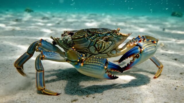 Blue Crab Walking on Sandy Seabed Underwater