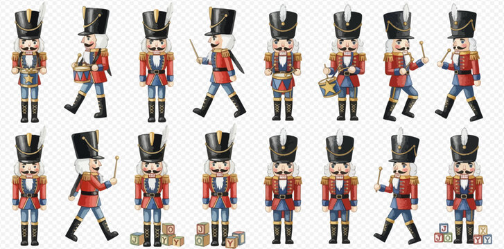 A collection of traditional nutcracker soldiers in various poses and actions.