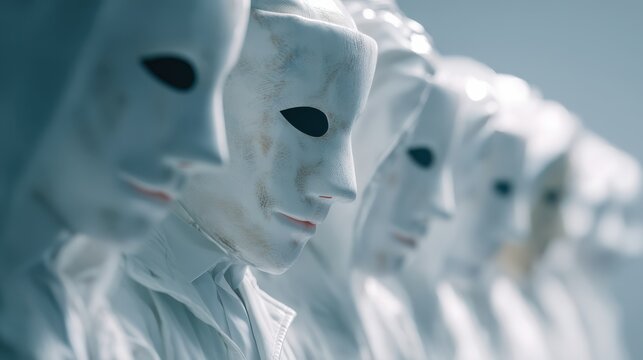 A line of faceless, white masks creates an eerie, surreal atmosphere, evoking themes of identity and conformity.
