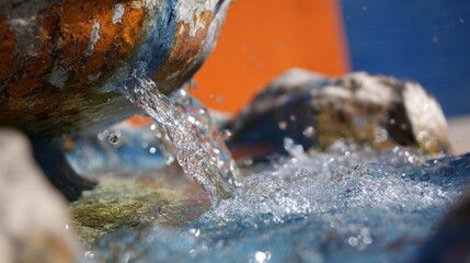 Water cascades from a beautifully crafted fountain creating splashes and bubbles as it flows over rocks. The scene is vibrant with color under bright sunlight.