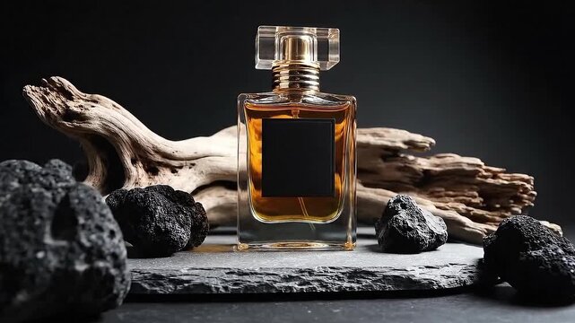 Luxury amber perfume bottle with volcanic rocks and natural wood