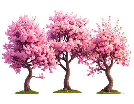 Three pink, flowering trees against black background