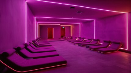 A purple room with pink and red lighting, featuring rows of purple lounge chairs and a red door.