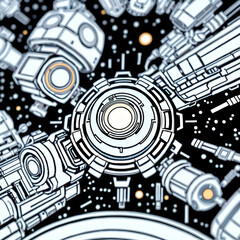 This image presents a complex and intricate abstract design characterized by numerous interconnected geometric shapes and circular patterns, all rendered in a clean, white and black linear style. The 