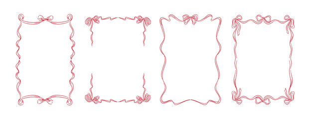 Bow and ribbon frames hand drawn set, whimsical drawing decoration illustration for Christmas, New Year, greeting cards, wedding invitations, birthday party, gift, valentines day, vector element 