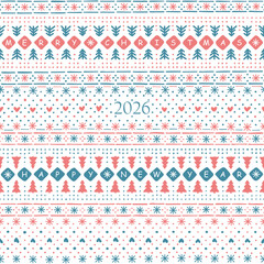 2026 merry christmas. happy new year. winter hand drawn repetitive background. blue, pink christmas ornament. vector seamless pattern. fabric swatch. wrapping paper. textile template. greeting card