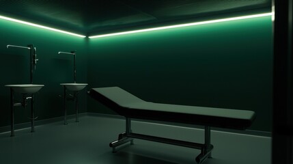 A sterile operating room with a green hue, featuring a table, two sinks, and a ceiling light.