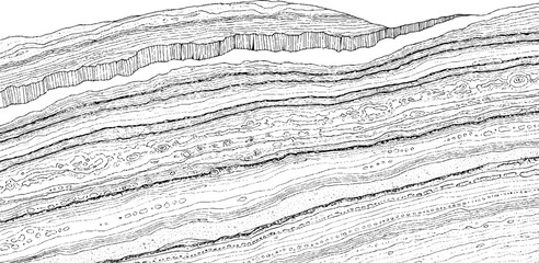 Monochrome sketch of a geological crosssection showing sedimentary rock layers. © plustration