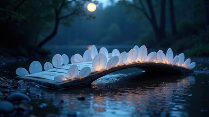 Magical glowing crystals on a natural bridge over a stream at night