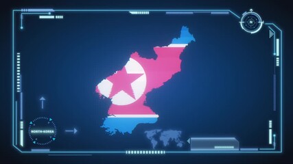 Futuristic Digital North Korea map HUD animation, global network cyber technology, government, Country Map, Politics, Travel, News, and Sports Events - Powered by Adobe