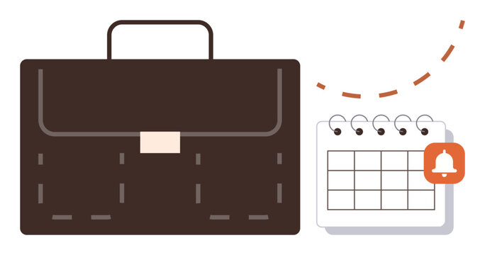 Brown briefcase, spiral-bound calendar with notification bell highlighting deadlines or appointments. Ideal for business, work schedule, organization, planning, reminders, productivity, simple flat