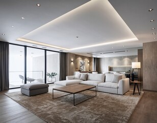 Fototapeta premium Bright, modern living room with sectional sofa & open balcony