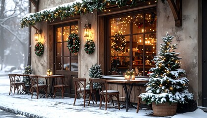 クリスマスのおしゃれなカフェ 雪景色の外観