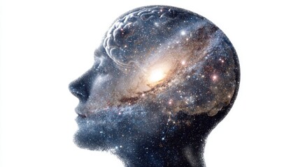 Obraz premium A silhouette of a person's head filled with a galaxy symbolizes deep thought and introspection. Stars and cosmic elements represent the vastness of the mind blending imagination and knowledge.