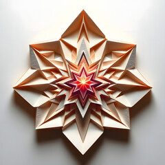 This image features an intricate, multi-layered paper star or snowflake decoration, centered and composed of numerous meticulously folded white and cream paper elements. A warm, reddish glow emanates 