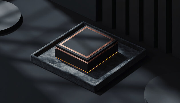 Elegant black luxury gift box mockup on a dark stone tray for product packaging presentation, featuring a 3D rendered scene with dramatic lighting