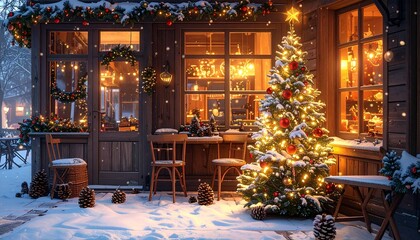 クリスマスのおしゃれなカフェ 雪景色の外観