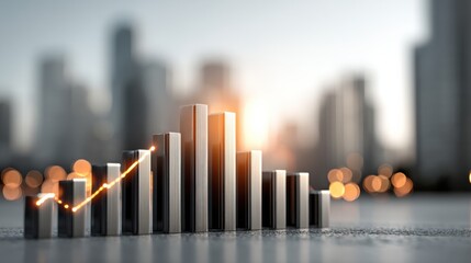 A stylized bar graph represents growth against a blurred city skyline, with warm bokeh lights, conveying a theme of progress and success in business.