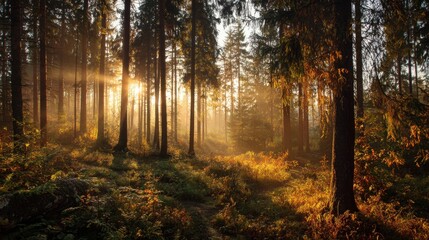 Obraz premium Sunlight breaks through the dense canopy of a forest highlighting the rich colors of autumn leaves. A peaceful scene unfolds as nature awakens in the early morning.