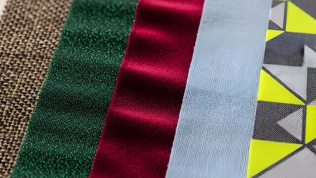Colorful Fabric Swatches and Textured Strips Close Up.
