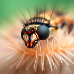 This image is an extreme close-up, macro shot focusing on the head of an insect, likely a type of fly or bee. Its large, multi-faceted compound eyes are prominently featured, displaying intricate patt