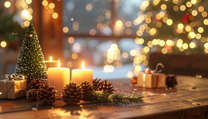 クリスマスの夜の明るい室内　ツリーとキャンドルのデコレーション
