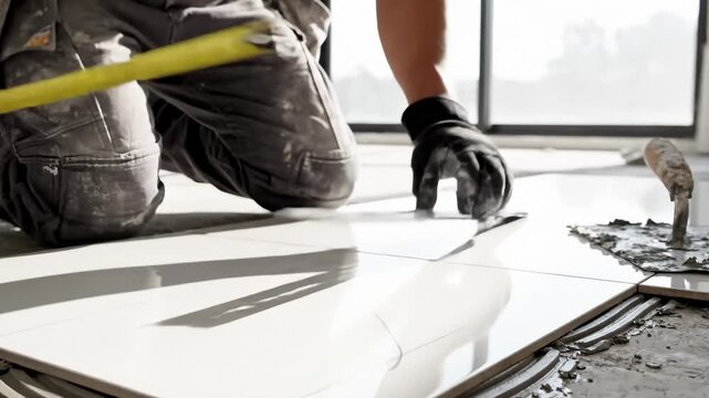 Man Installing Ceramic Tile With Level Tool
