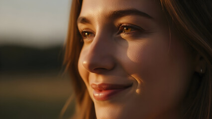 Golden Hour Close Up Portrait of a Woman with a Warm Smile.