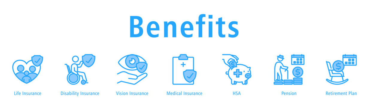 Benefits  Web Banner Blue icon vector illustration concept with icon of life insurance, disability insurance, vision insurance, medical insurance, hsa, pension and retirement plan