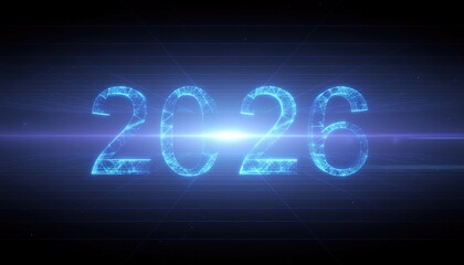 Glowing blue "2026" text against a dark, starry field