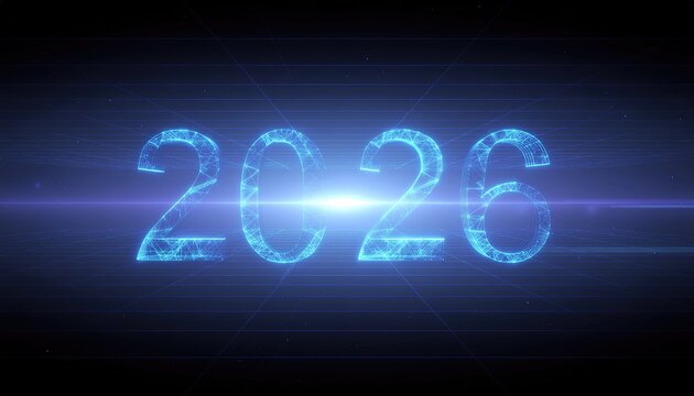 Glowing blue "2026" text against a dark, starry field