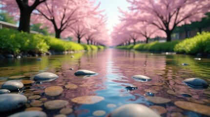 Serene river flowing through a park lined with blooming cherry blossom trees