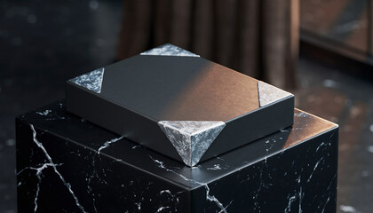 Sleek and minimalist black product box mockup with metallic accents, elegantly displayed on a black marble block for luxury branding