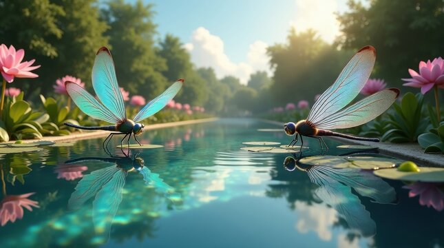 Two iridescent dragonflies hover over a tranquil pond with lotus flowers - Powered by Adobe