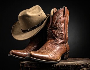Boots & hat on wood. Western attire. Dark backdrop