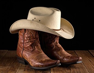 Cowboy hat resting atop worn leather boots, wood surface