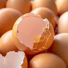Cracked eggshell sits atop pile of uncooked brown eggs