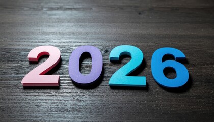 Year "2026" in colorful foam on dark wood surface