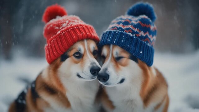 Affectionate Corgi Dogs in Winter Hats Posing Together in Snowfall